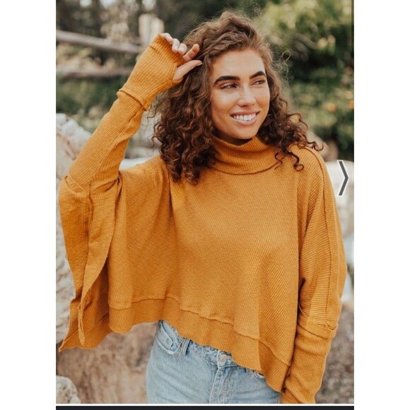 WE THE FREE PEOPLE Women’s Orange MOON DAISY Top Mock Neck Ribbed Long Sleeve Sm - Picture 1 of 8